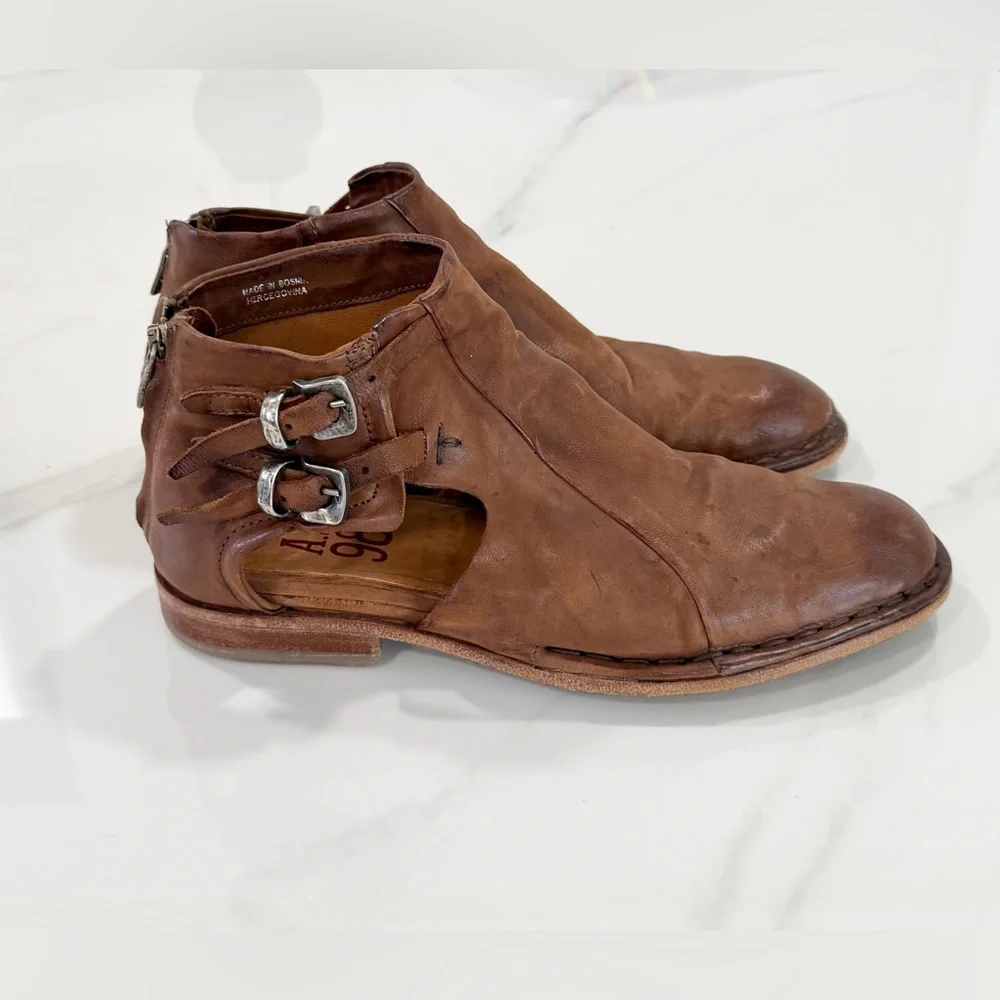A.S.98 Women Distressed Cognac Leather Western Bootie Buckle Detail - Size 10